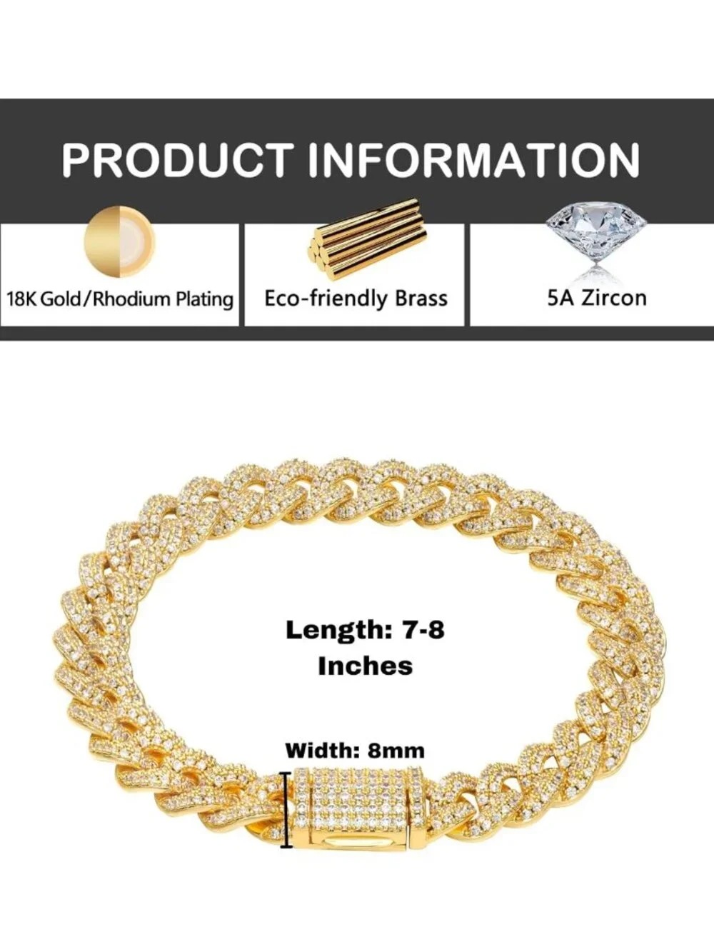 Unisex 8mm Cuban Link Bracelet & Necklace Set, Gold/White Gold Iced Out Hip Hop